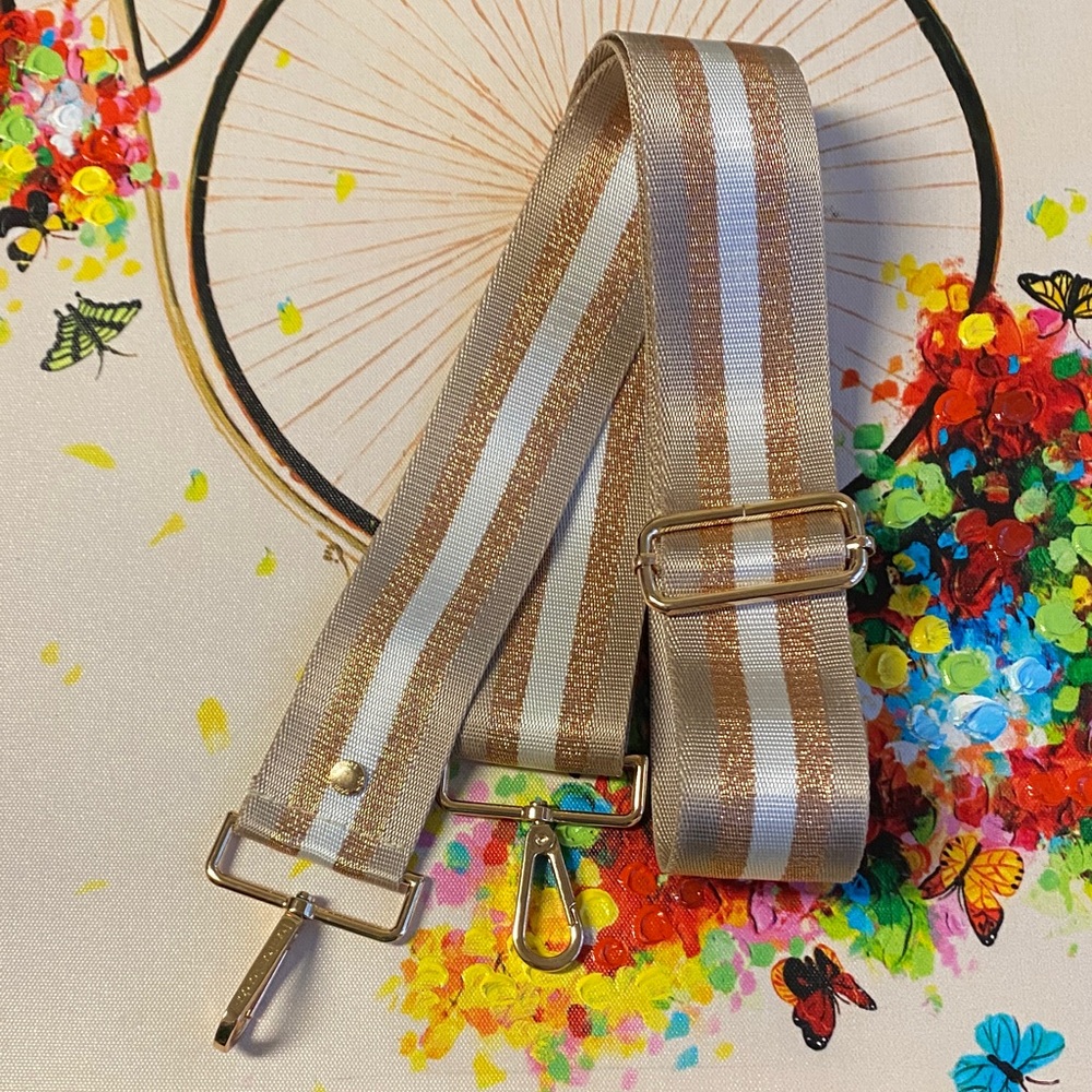 Striped Adjustable Bag Strap in Metallic Tan, gold & White.